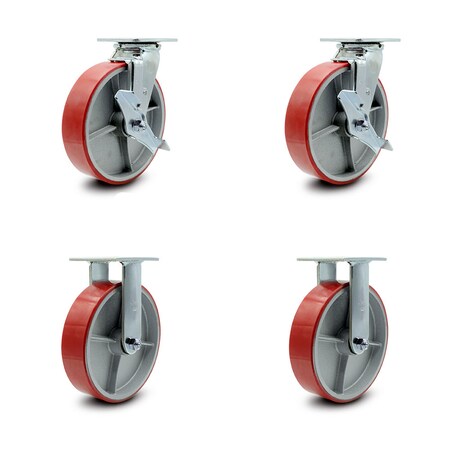 Service Caster 8 Inch Red Poly on Cast Iron Caster Set with Roller Bearings 2 Brakes 2 Rigid SCC-30CS820-PUR-RS-TLB-2-R820-2